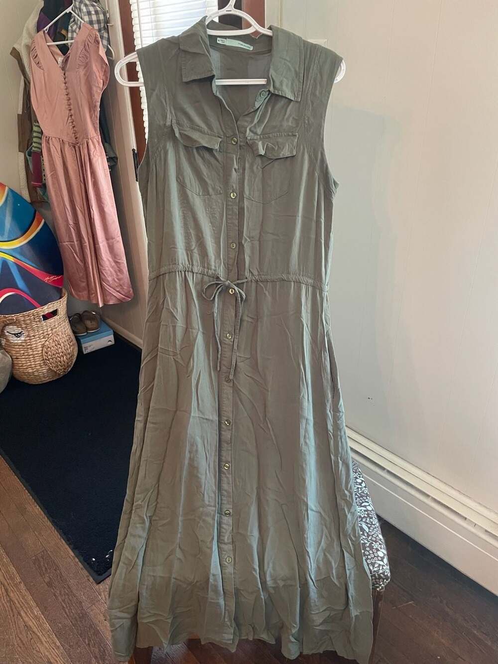 Maurices Women's Sleeveless Olive Green Button-Front Utility Shirtdress with Wai